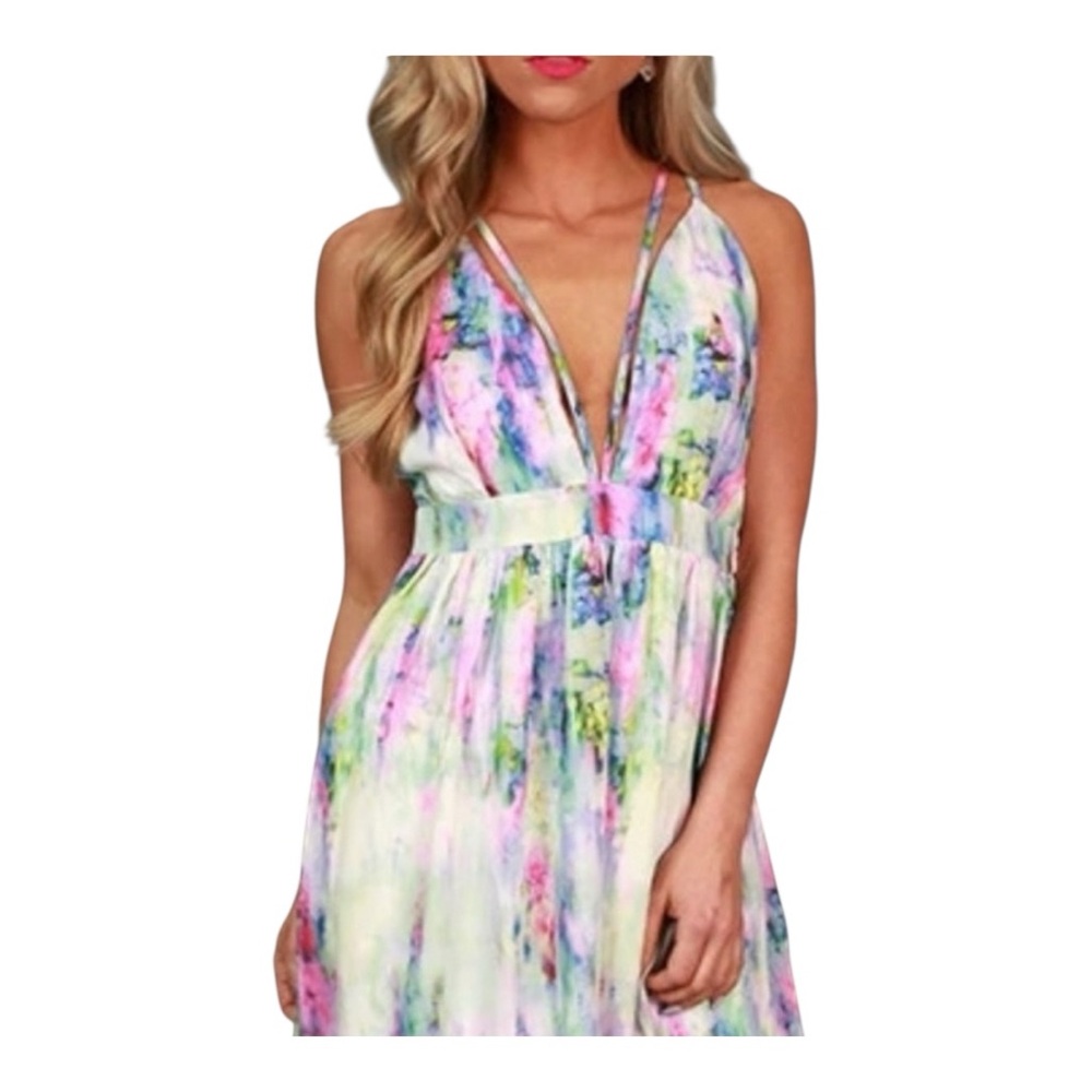 L'ATISTE Strappy Pastel Watercolor Long Maxi Spring Dress Size Small